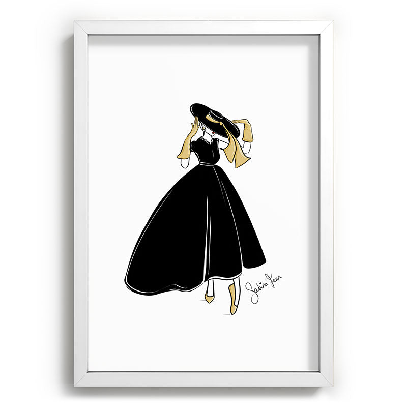 1950's Inspired Fashion Illustration Black & White with Gold Framed Art Print