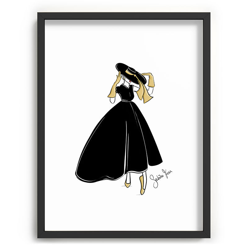 1950's Inspired Fashion Illustration Black & White with Gold Framed Art Print