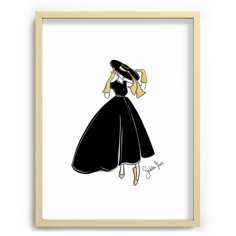 1950's Inspired Fashion Illustration Black & White with Gold Framed Art Print