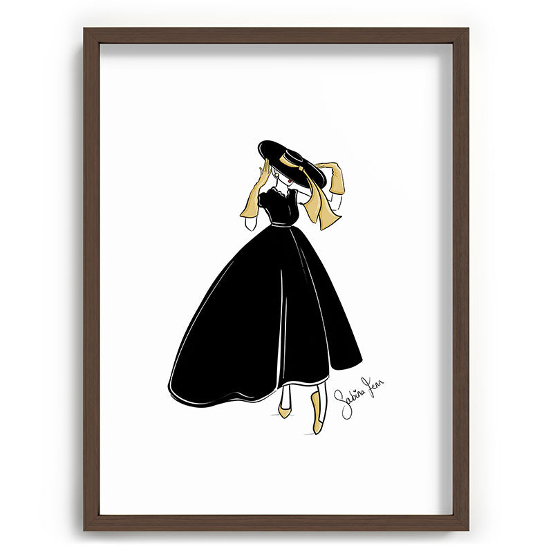 1950's Inspired Fashion Illustration Black & White with Gold Framed Art Print
