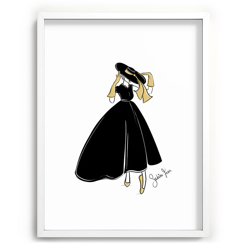 1950's Inspired Fashion Illustration Black & White with Gold Framed Art Print