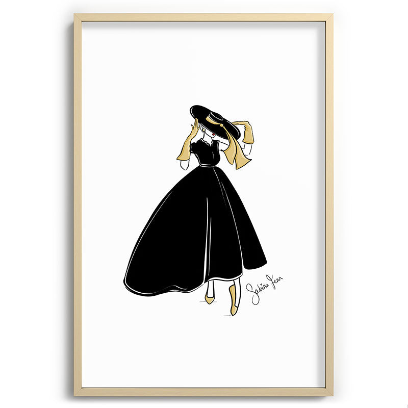 1950's Inspired Fashion Illustration Black & White with Gold Framed Art Print