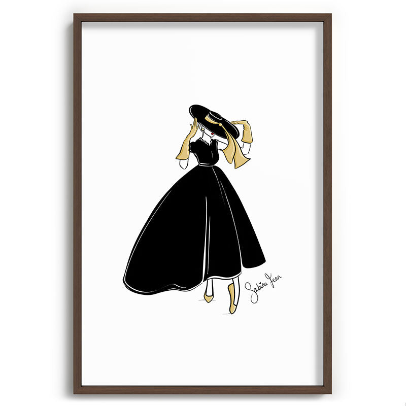 1950's Inspired Fashion Illustration Black & White with Gold Framed Art Print