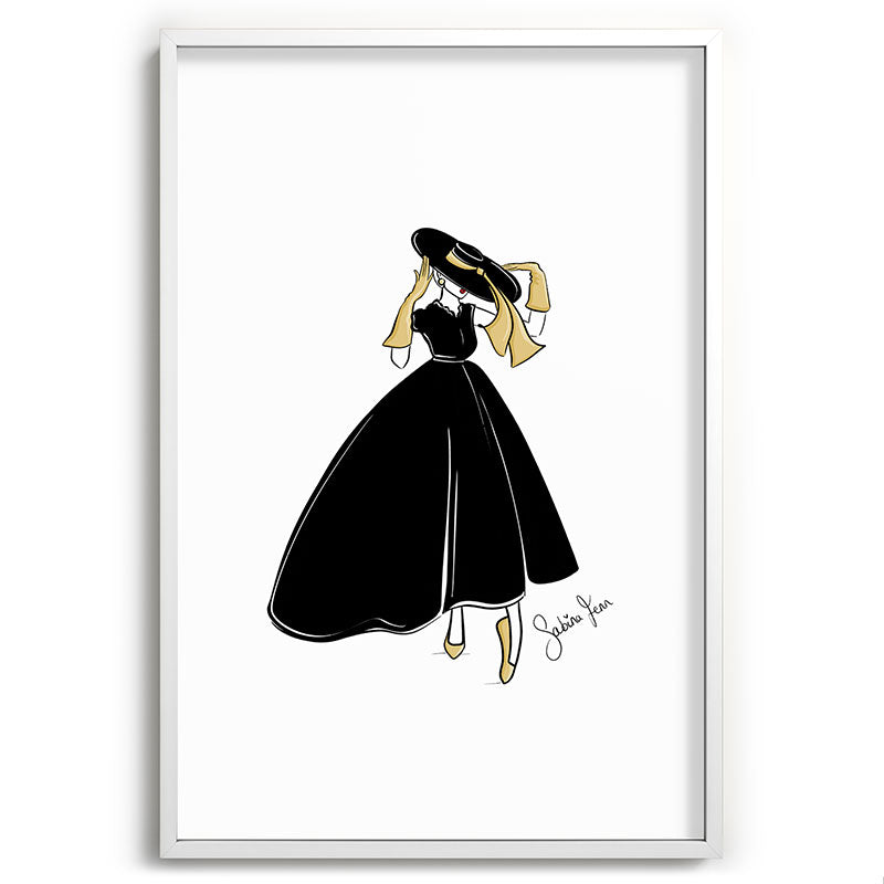 1950's Inspired Fashion Illustration Black & White with Gold Framed Art Print
