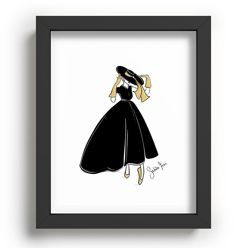 1950's Inspired Fashion Illustration Black & White with Gold Framed Art Print