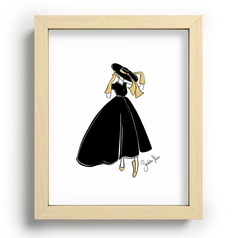 1950's Inspired Fashion Illustration Black & White with Gold Framed Art Print