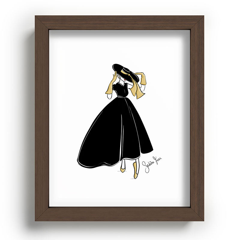 1950's Inspired Fashion Illustration Black & White with Gold Framed Art Print