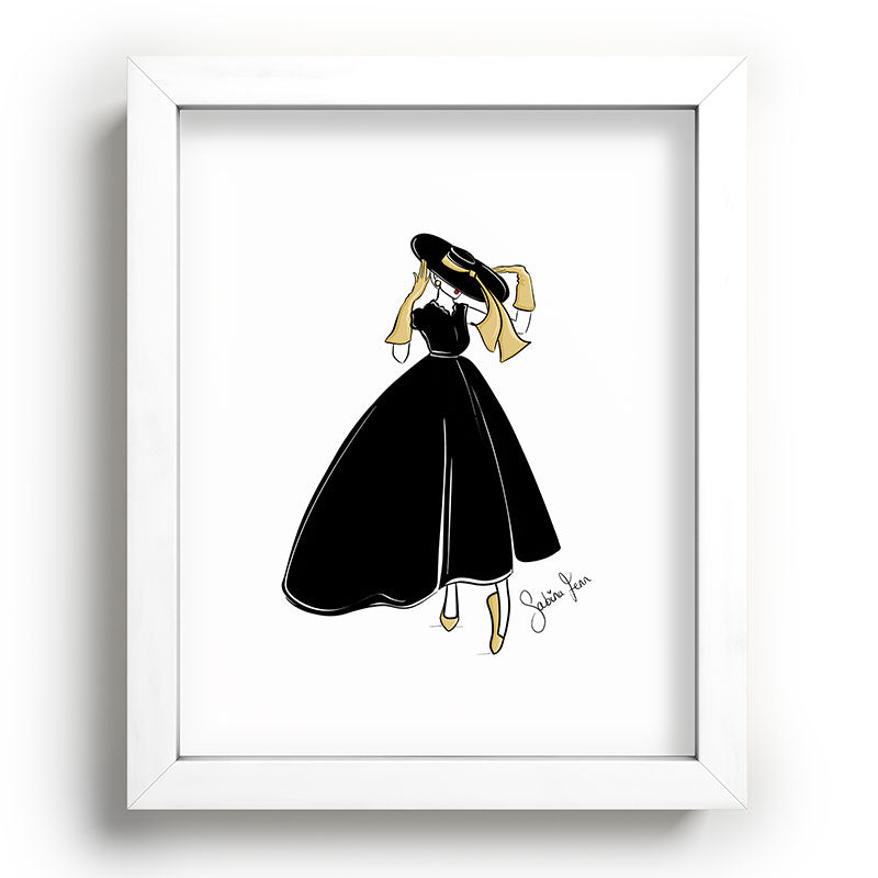 1950's Inspired Fashion Illustration Black & White with Gold Framed Art Print