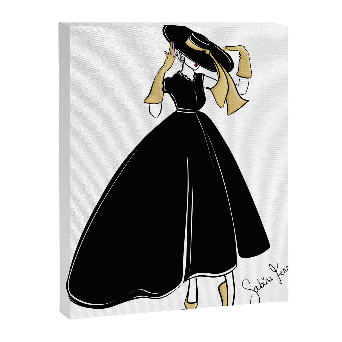 1950's Inspired Fashion Illustration Black & White with Gold Canvas Print
