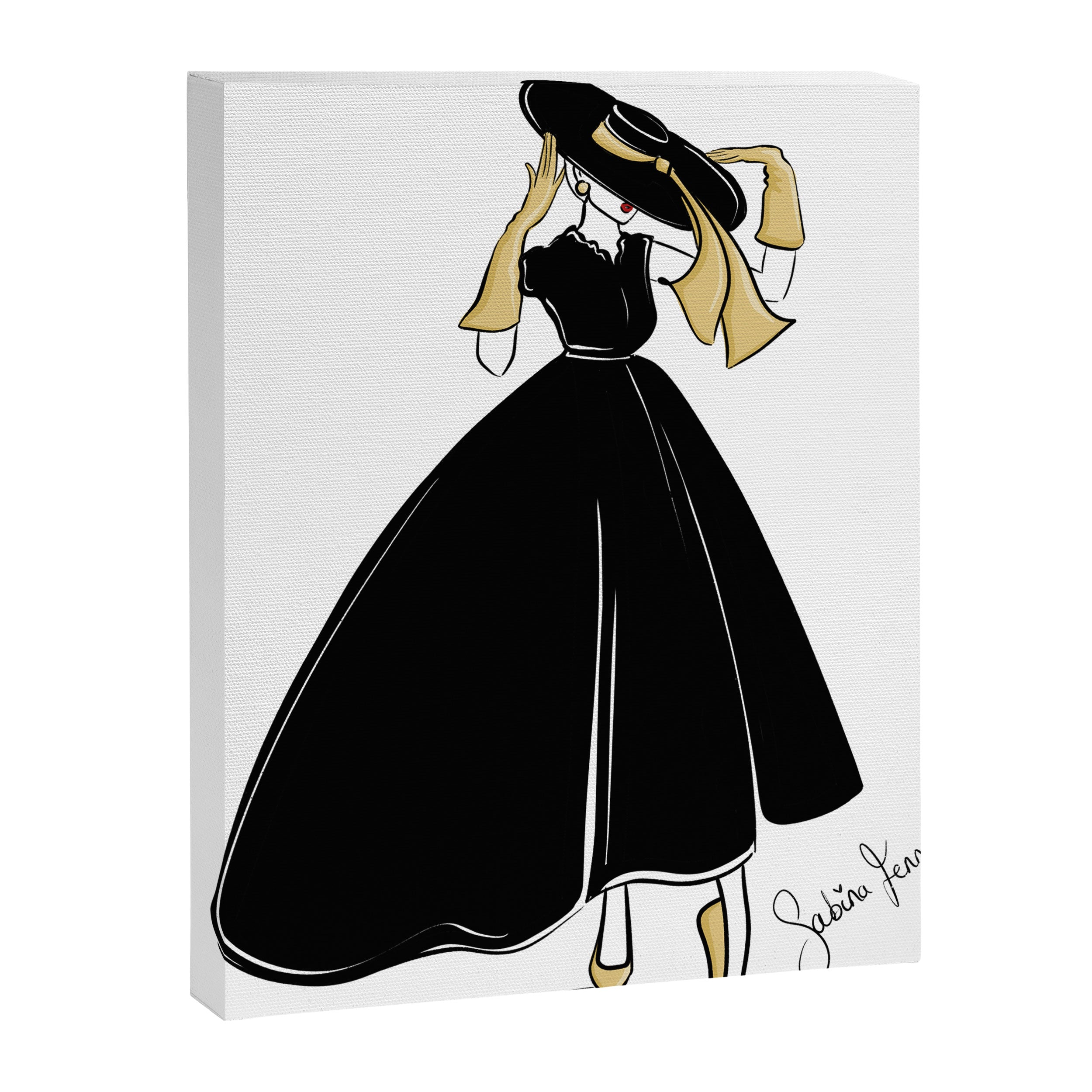 1950's Inspired Fashion Illustration Black & White with Gold Canvas Print