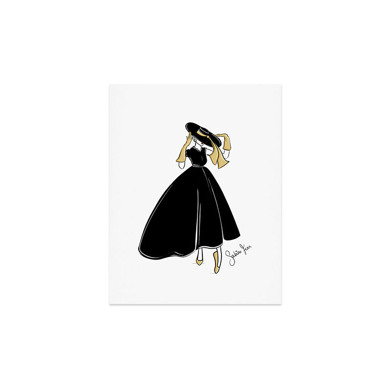 1950's Inspired Fashion Illustration Black & White with Gold Art Print