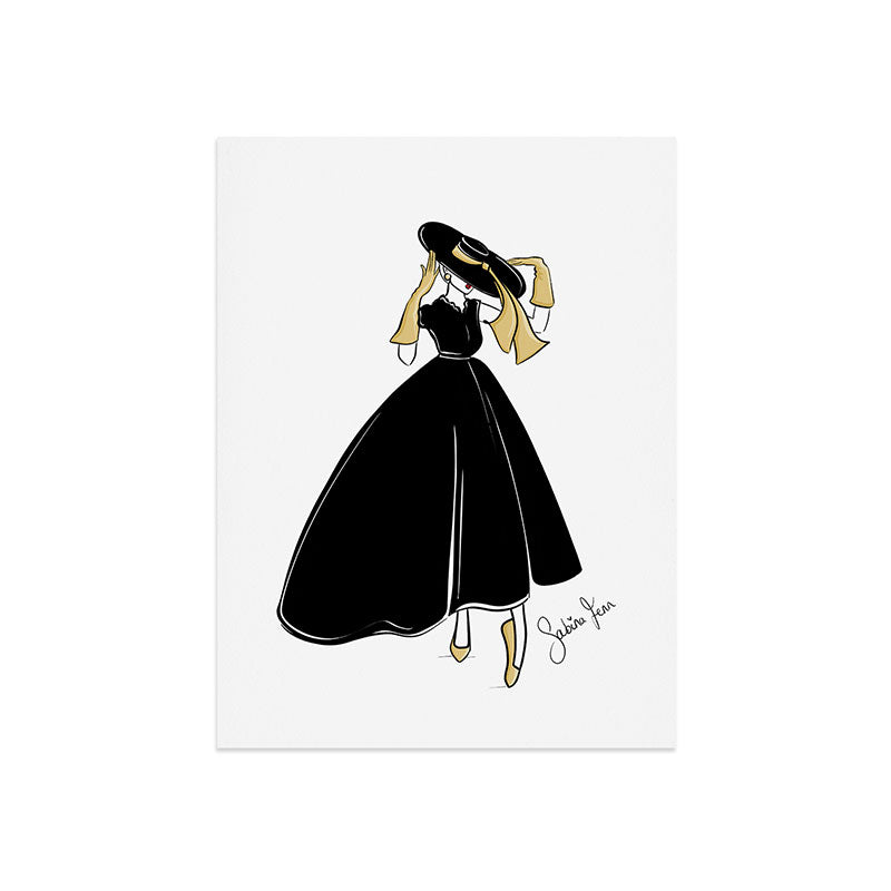 1950's Inspired Fashion Illustration Black & White with Gold Art Print
