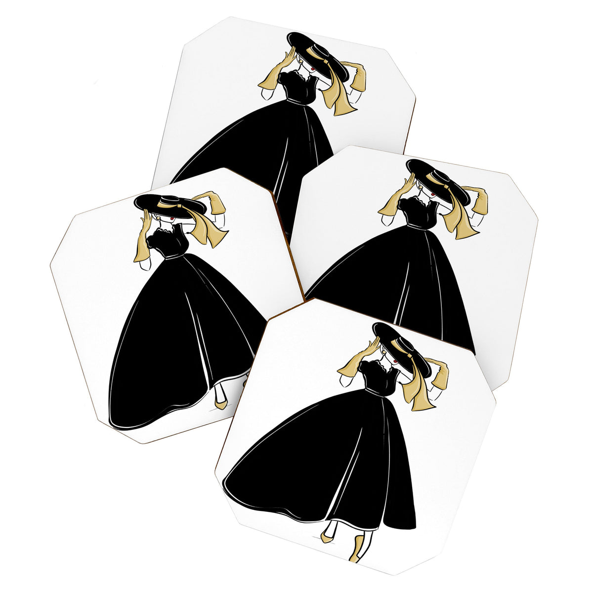 1950's Inspired Fashion Illustration Black & White with Gold Coaster