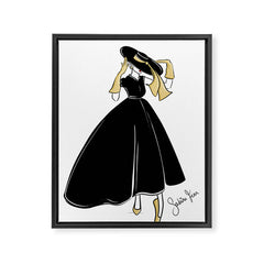 1950's Inspired Fashion Illustration Black & White with Gold Framed Canvas Print