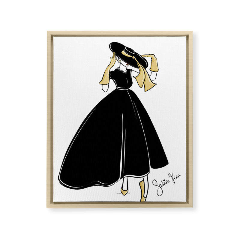 1950's Inspired Fashion Illustration Black & White with Gold Framed Canvas Print