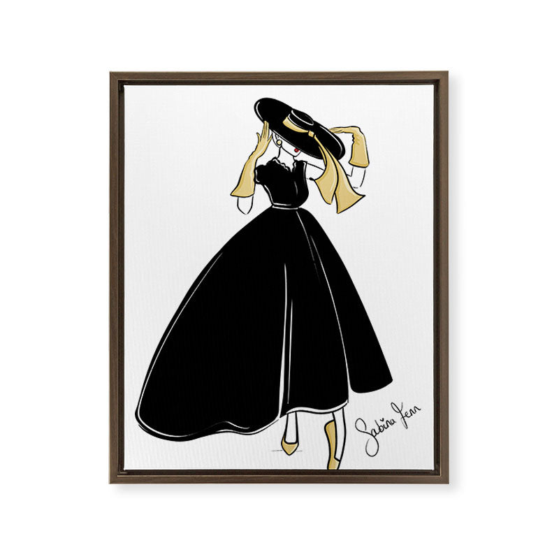 1950's Inspired Fashion Illustration Black & White with Gold Framed Canvas Print