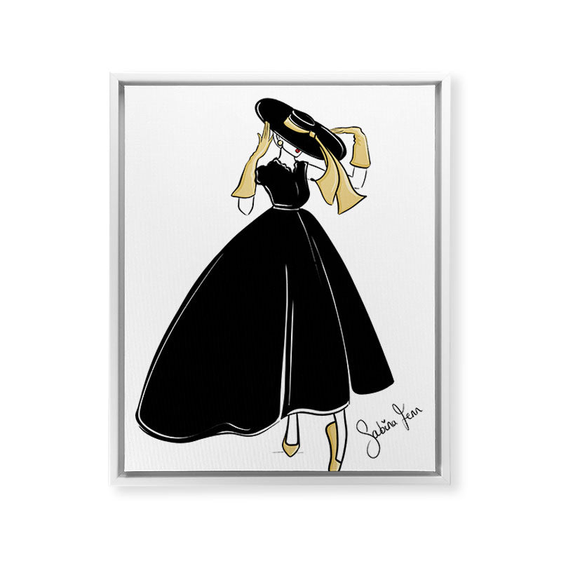 1950's Inspired Fashion Illustration Black & White with Gold Framed Canvas Print