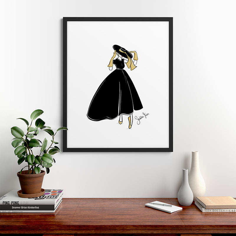 1950's Inspired Fashion Illustration Black & White with Gold Framed Art Print