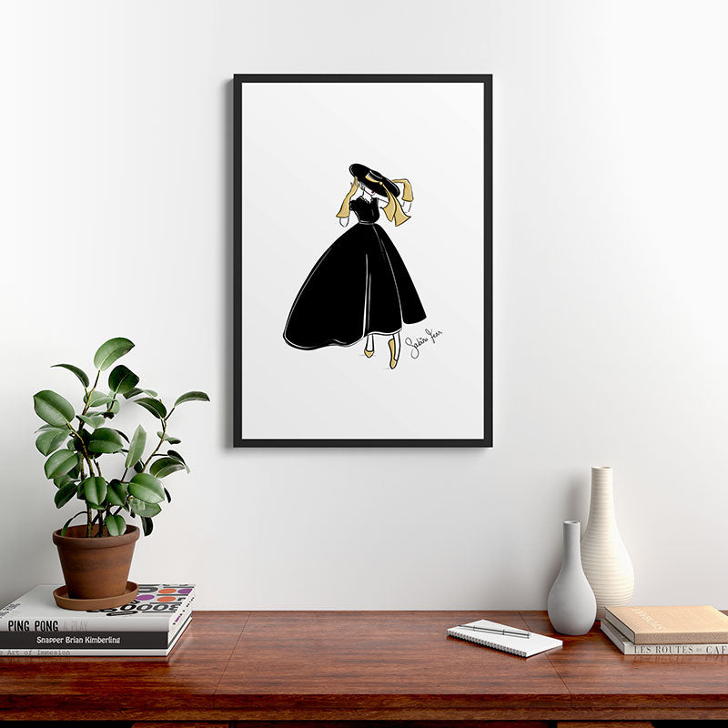 1950's Inspired Fashion Illustration Black & White with Gold Framed Art Print