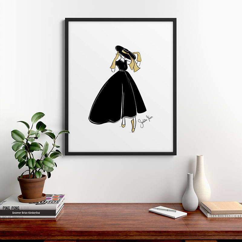 1950's Inspired Fashion Illustration Black & White with Gold Framed Art Print