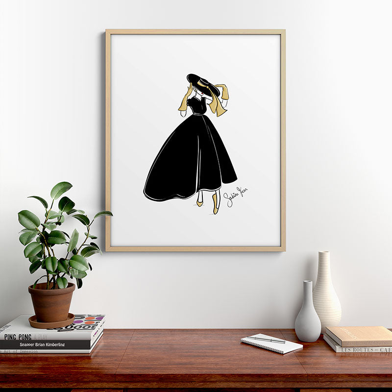 1950's Inspired Fashion Illustration Black & White with Gold Framed Art Print