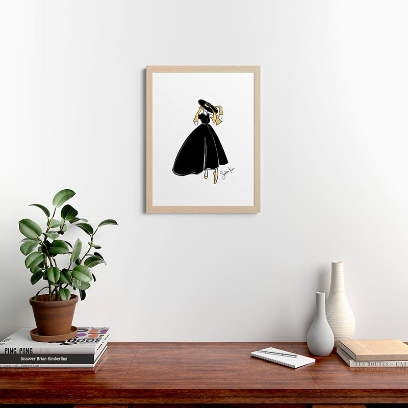 1950's Inspired Fashion Illustration Black & White with Gold Framed Art Print