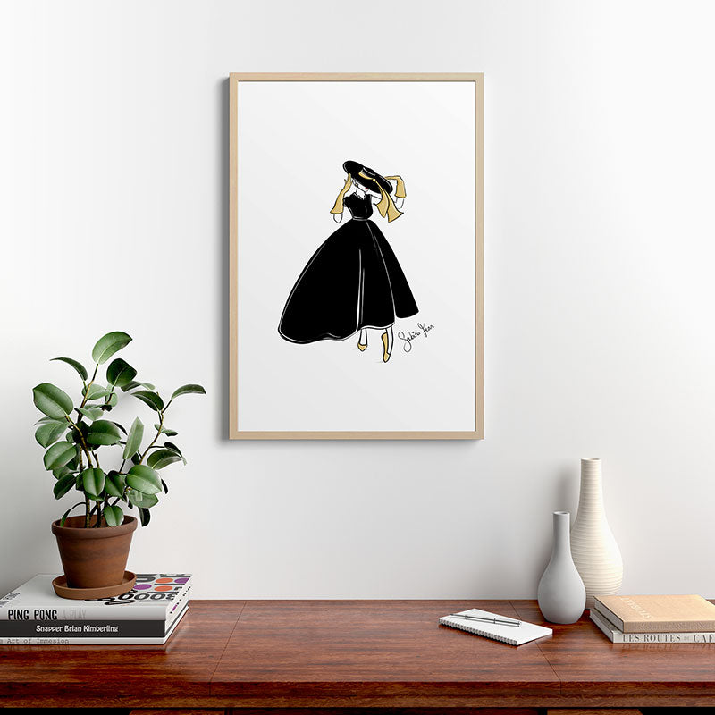 1950's Inspired Fashion Illustration Black & White with Gold Framed Art Print