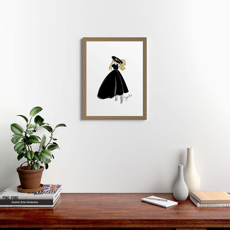 1950's Inspired Fashion Illustration Black & White with Gold Framed Art Print