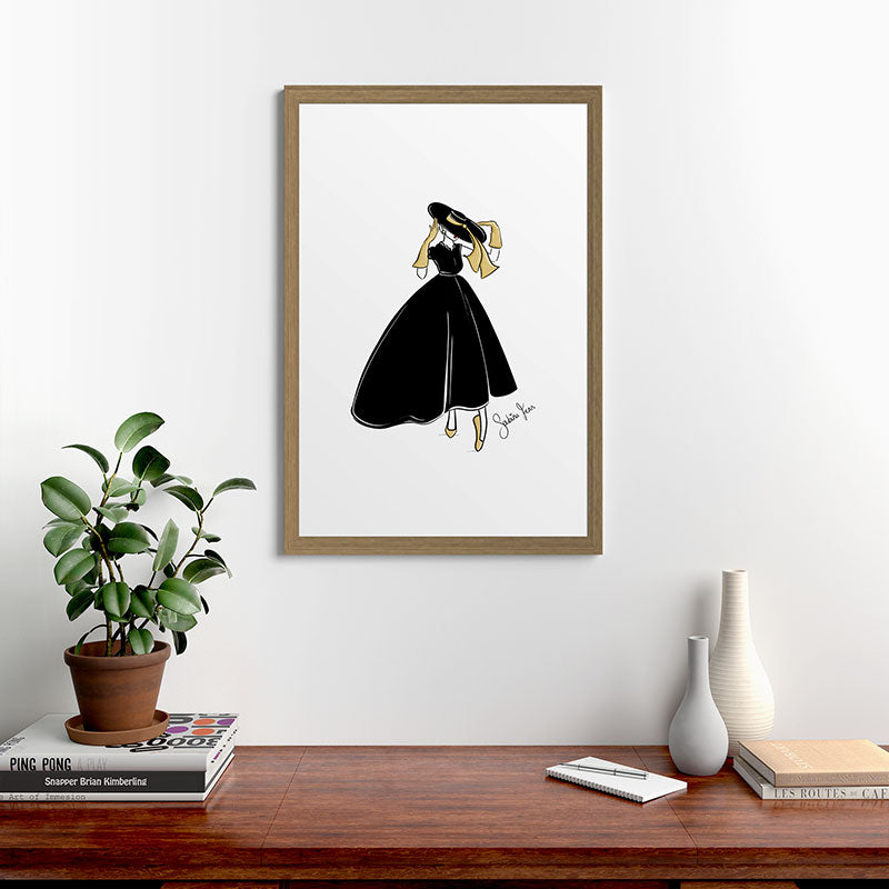 1950's Inspired Fashion Illustration Black & White with Gold Framed Art Print