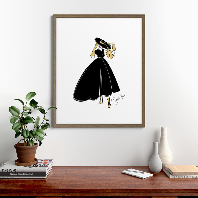 1950's Inspired Fashion Illustration Black & White with Gold Framed Art Print