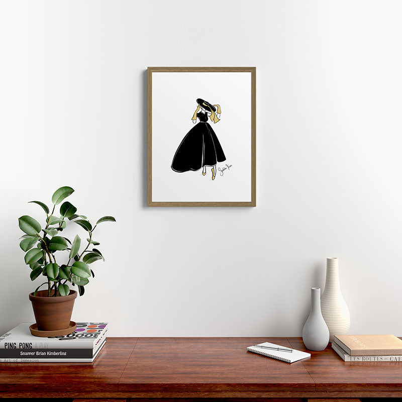 1950's Inspired Fashion Illustration Black & White with Gold Framed Art Print