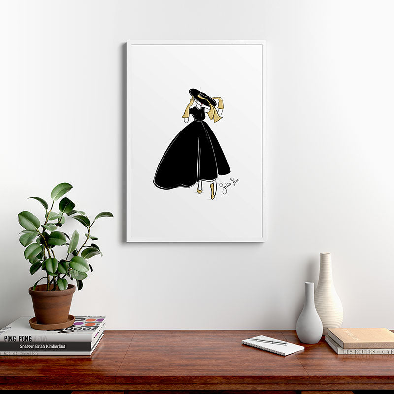 1950's Inspired Fashion Illustration Black & White with Gold Framed Art Print