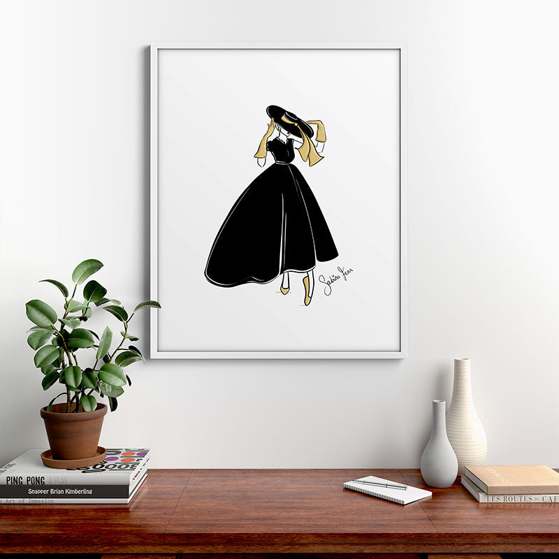 1950's Inspired Fashion Illustration Black & White with Gold Framed Art Print