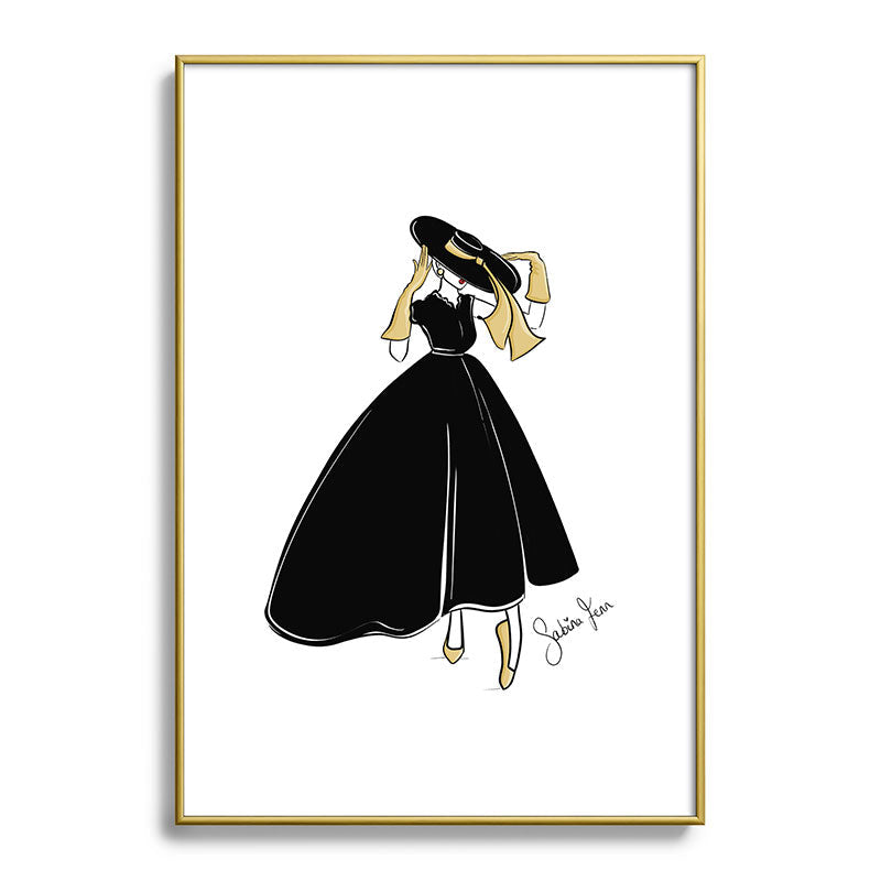 1950's Inspired Fashion Illustration Black & White with Gold Framed Art Print