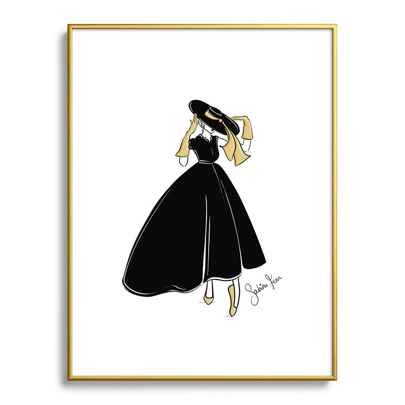 1950's Inspired Fashion Illustration Black & White with Gold Framed Art Print