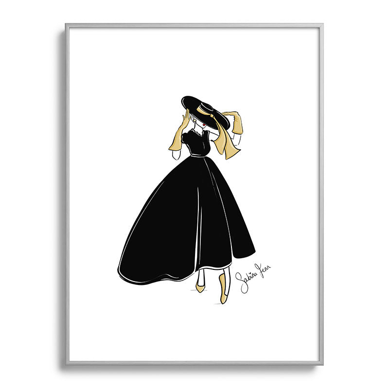 1950's Inspired Fashion Illustration Black & White with Gold Framed Art Print