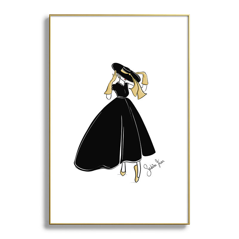 1950's Inspired Fashion Illustration Black & White with Gold Framed Art Print