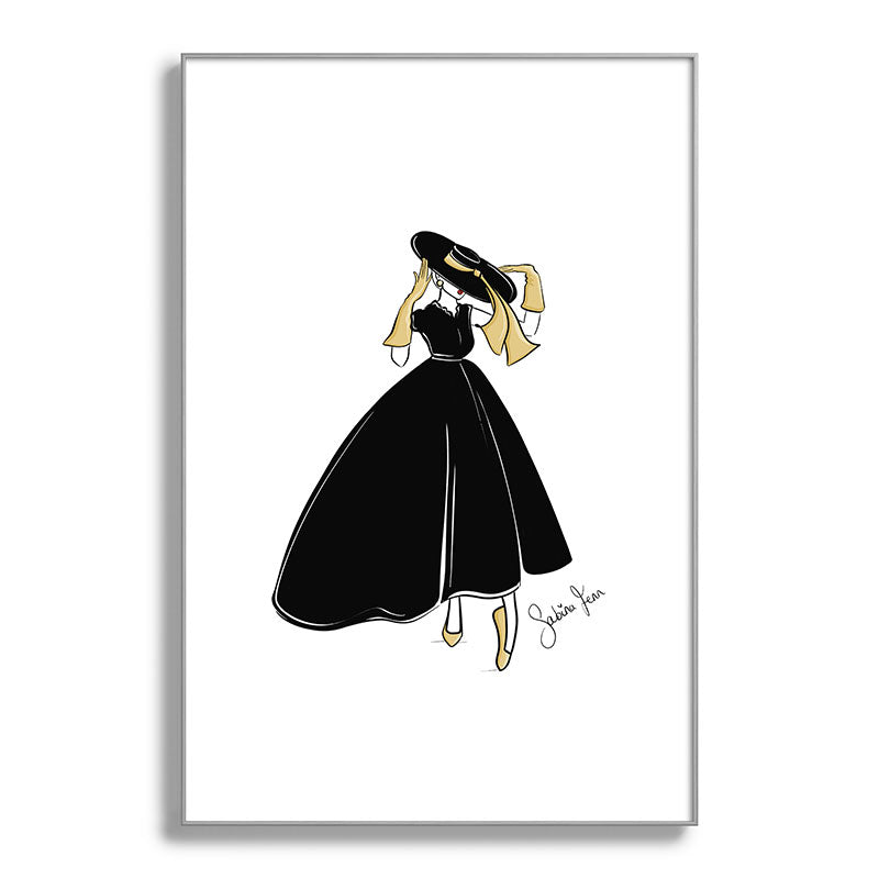1950's Inspired Fashion Illustration Black & White with Gold Framed Art Print
