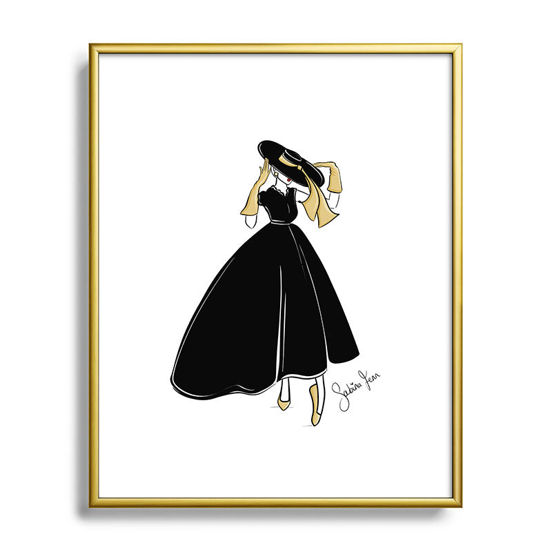 1950's Inspired Fashion Illustration Black & White with Gold Framed Art Print