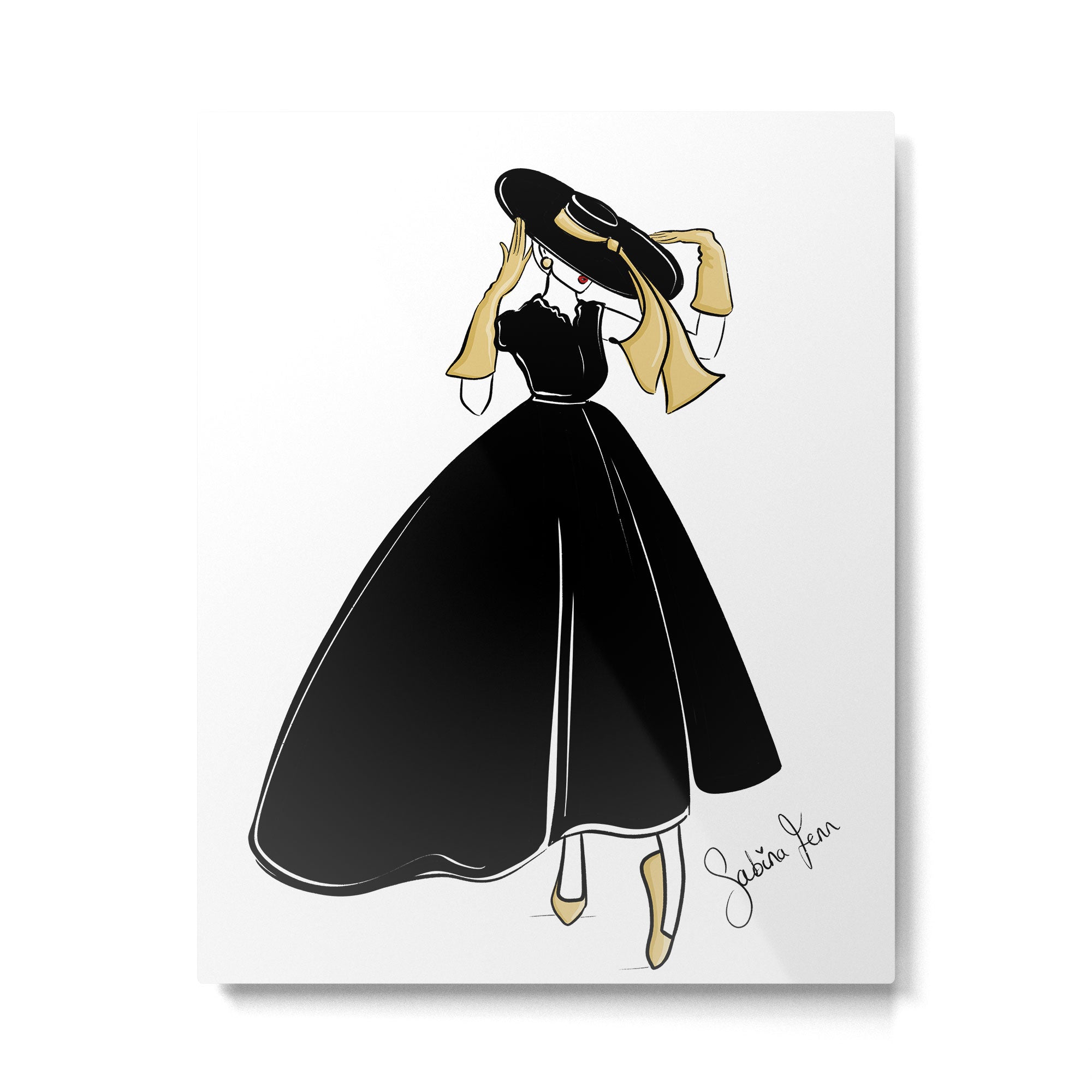 1950's Inspired Fashion Illustration Black & White with Gold Metal Print