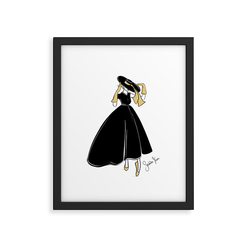 1950's Inspired Fashion Illustration Black & White with Gold Framed Art Print