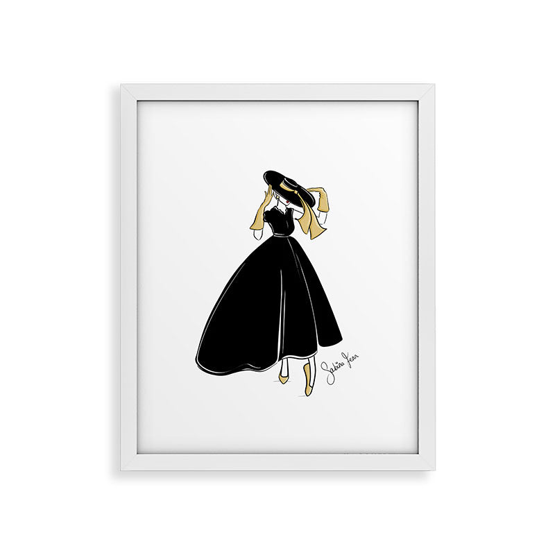 1950's Inspired Fashion Illustration Black & White with Gold Framed Art Print