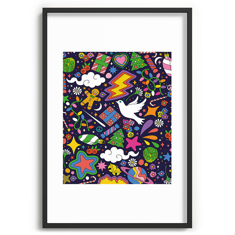 60s 70s psychedelic Modern Christmas Confetti Pattern Framed Art Print
