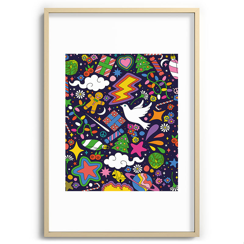 60s 70s psychedelic Modern Christmas Confetti Pattern Framed Art Print
