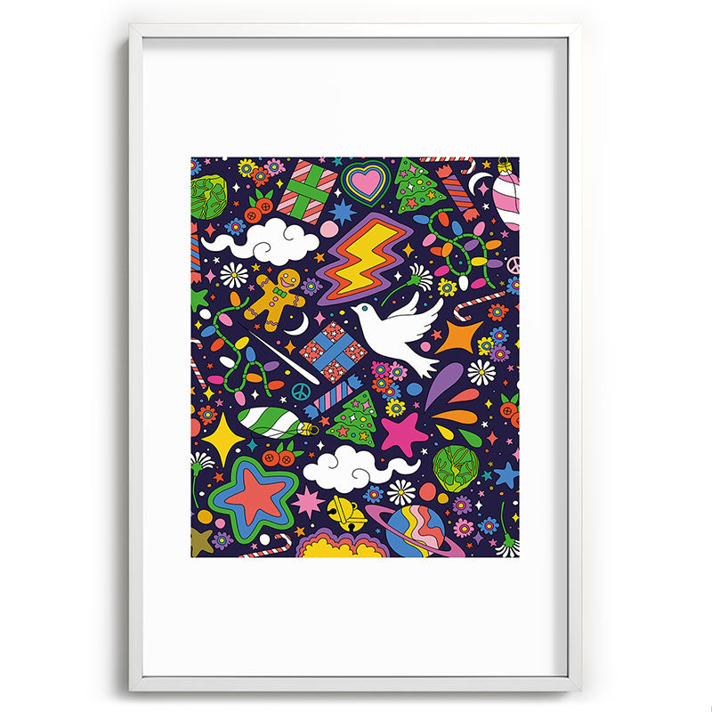60s 70s psychedelic Modern Christmas Confetti Pattern Framed Art Print