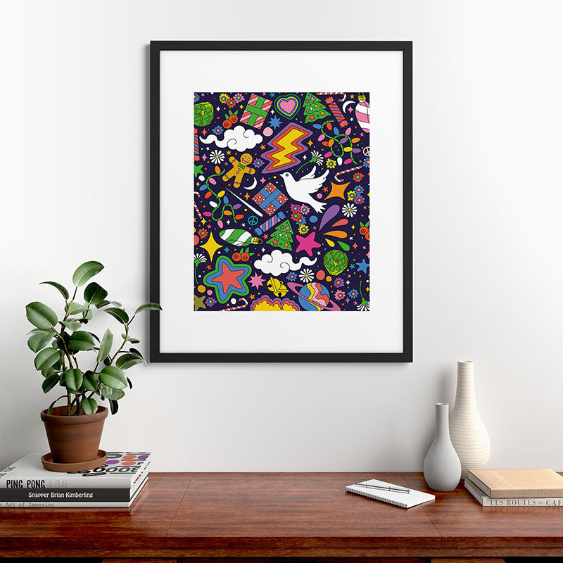 60s 70s psychedelic Modern Christmas Confetti Pattern Framed Art Print