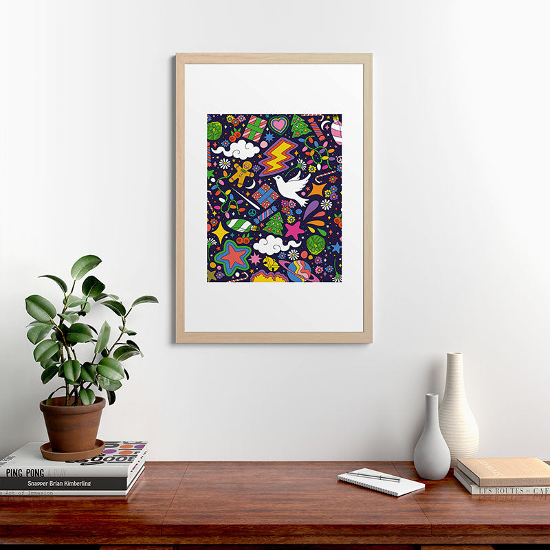 60s 70s psychedelic Modern Christmas Confetti Pattern Framed Art Print