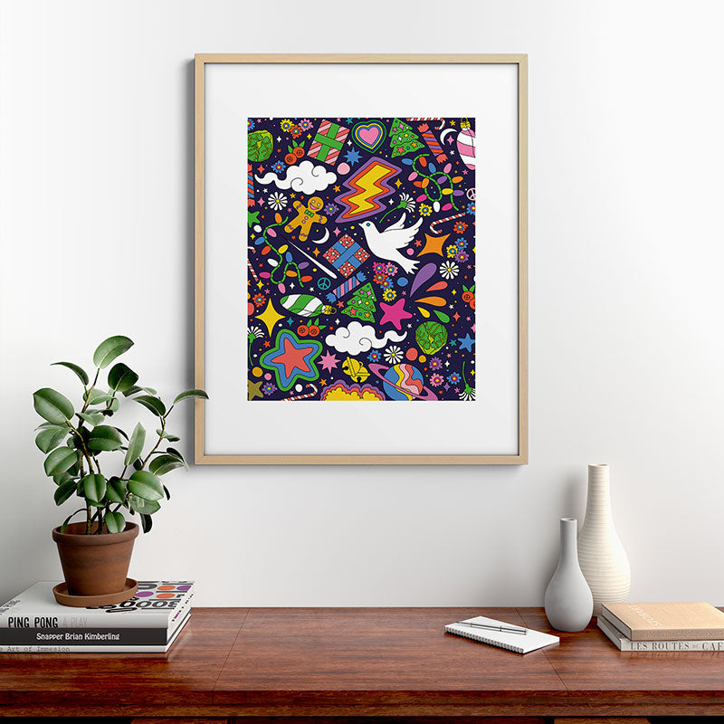 60s 70s psychedelic Modern Christmas Confetti Pattern Framed Art Print