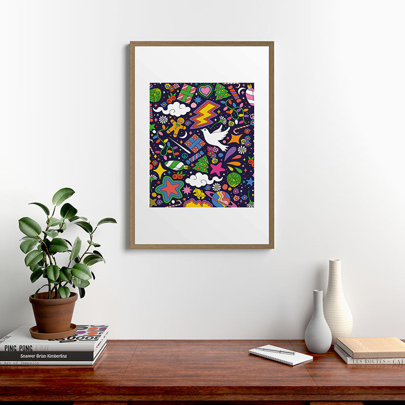 60s 70s psychedelic Modern Christmas Confetti Pattern Framed Art Print