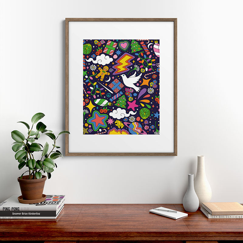 60s 70s psychedelic Modern Christmas Confetti Pattern Framed Art Print